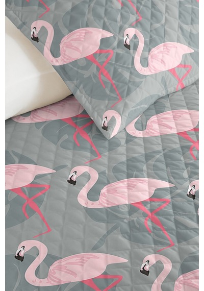 Flamingo Pembe Genç Odası Tek Kişilik Pike Takımı - Tropikal Gri 160x220 Cm Kapitone Yatak Örtüsü Haki