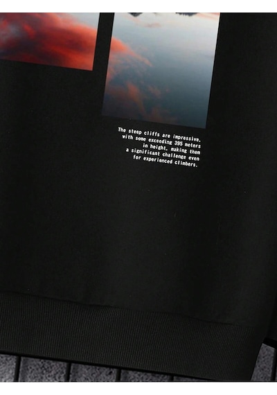 Startmore Adrift Manfinity Hypemode Mountain & Slogan Graphic Sweatshirt Siyah Siyah
