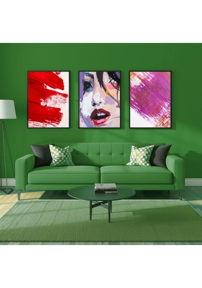 Besay Yüzler Ve İzler Modern Salon Duvar Dekorasyonu Kırmızı Pop Art Kadın Posteri 3'lü Set A2 Çerçevesiz