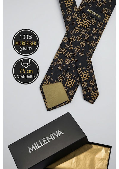 Milleniva Motif Desenli Siyah Gold Kravat & Mendil