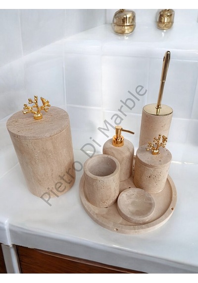 Sarı Traverten Klasik Model 7 Parça Gold Renk Mercan Aksesuarlı Banyo Seti Sarı Traverten