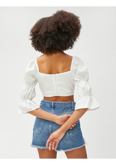 Koton Crop Bluz Balon Kollu Kare Yaka Viskon Kırık Beyaz 3sal60032ıw Ekru