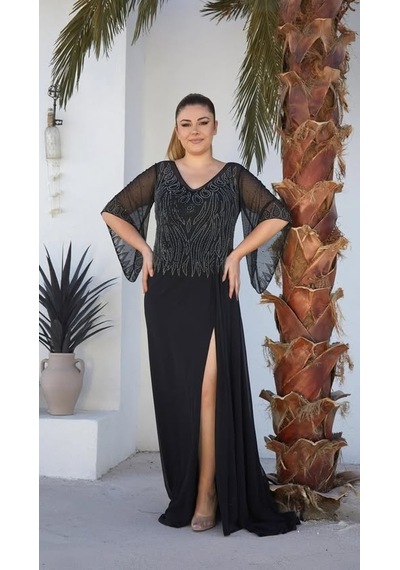 Ankyra Pul Detaylı Taşlı Ağ Etek Şifon Abiye Elbise 25y2405 Lacivert