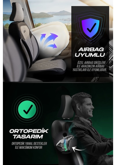Bej - Siyah Panda Bremen Serısı Keten Kumaş Oto Koltuk Kılıfı - Tam Set