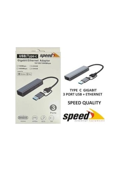 Speed Uet01 10-100-1000 Usb - Type C 3 Port Usb 3.0 Çoklayıcı Gigabit Ethernet Çevirici Kdo