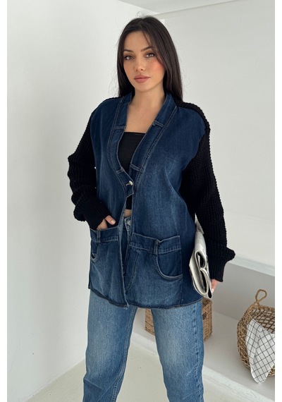Femelle Siyah Kolları Ve Sırtı Triko Kot Denim Oversize Hırka Cepli Standart Beden