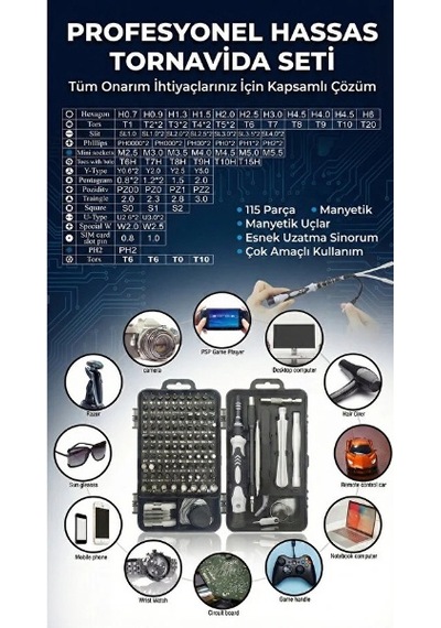115 Parça Manyetik Uçlu Hassas Tornavida Seti 46212702