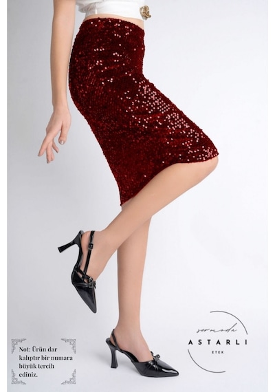 Sermoda Pullu & Astarlı Diz Altı Kalem Etek - 60 Cm Uzunlukta Abiye Etek Likralı & Esnek Pullu Etek Kırmızı Sermoda Pullu & Astarlı Diz Altı Kalem Etek - 60 Cm Uzunlukta Abiye Etek Likralı & Esnek Pullu Etek Kırmızı
