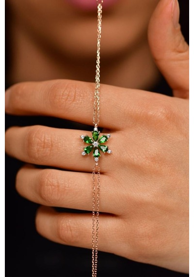 Roza Silver Zümrüt Taşlı Rose Lotus Çiçeği Gümüş Bileklik