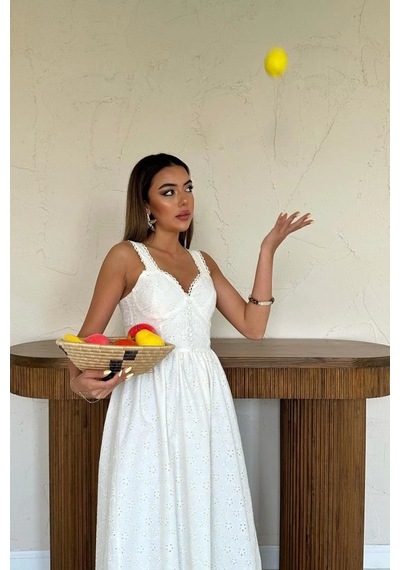 Defymoda Ekru Dantel Detaylı Askılı Elbise Ekru