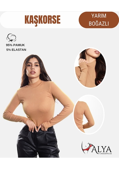 Alya Underwear Kaşkorse Yarım Boğaz Body Sweatshirt, Fitilli Kumaş, Likralı, Bordo Pudra