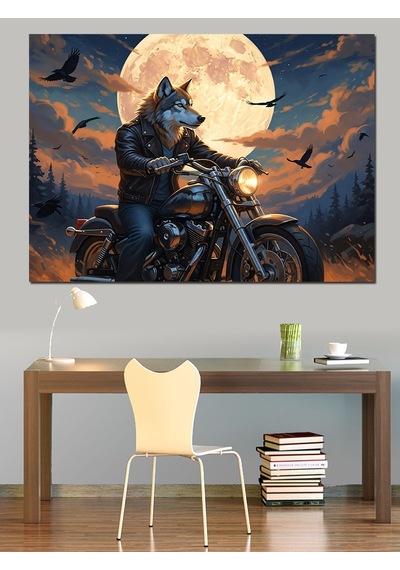 Ahşap Tablo Gece Yolunda Motosikletli Kurt Sürücü