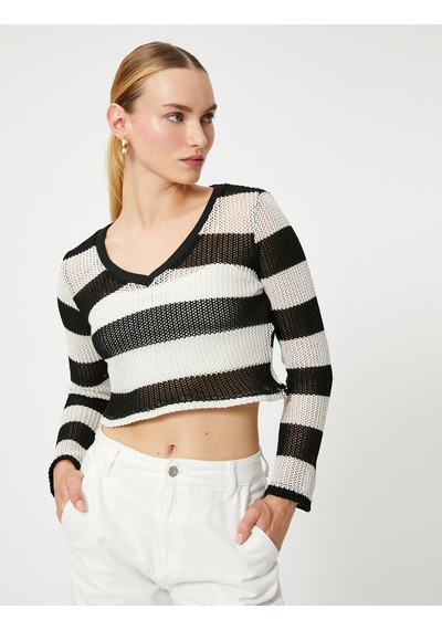 Koton Crop Kazak V Yaka Uzun Kollu Beyaz Çizgili 4wak30038ek Beyaz