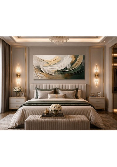 Lüx Gold & Zümrüt Yeşili Soyut Kanvas Tablo Modern Premium Panoramik Duvar Tablosu Salon, Ofis, Yatak Odası Dekorasyonu