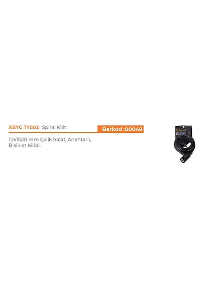 X-LOCK XBYC TY502 Spiral Kilit 10x1500 mm Çelik BİSİKLET KİLİT Siyah