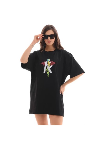 Modi Unisex Bisiklet Yaka Baskılı Oversize T-shirt - Siyah - Mymg112563