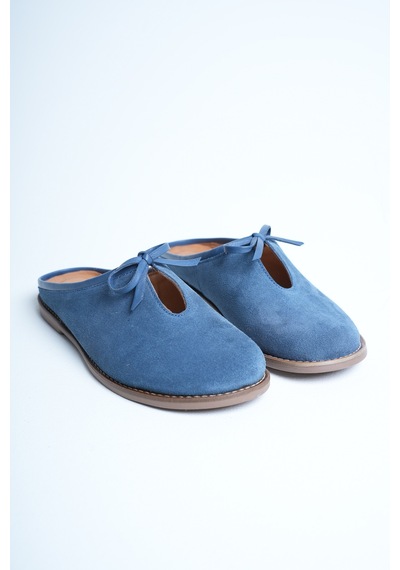 Analin Shoes Kadın Hakiki Deri Fiyonk Detaylı Düz Terlik Mavi