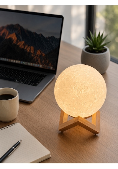 3d Ay Gece Lambası Ahşap Standlı Dekoratif Led Masa Lambası Çr