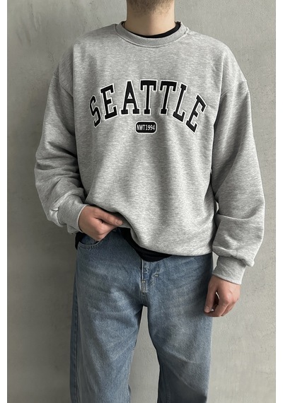 Erkek Seattle Baskılı Oversize Sweatshirt Gri