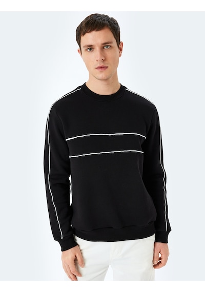 Koton Pamuk Karışımlı Uzun Kollu Biyeli Bisiklet Yaka Sweatshirt Siyah 5wam70258mk Siyah