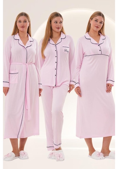 Mecit Pijama Mecit 6335 Pembe Kadın Sabahlık Gecelik Pijama Seti Pembe