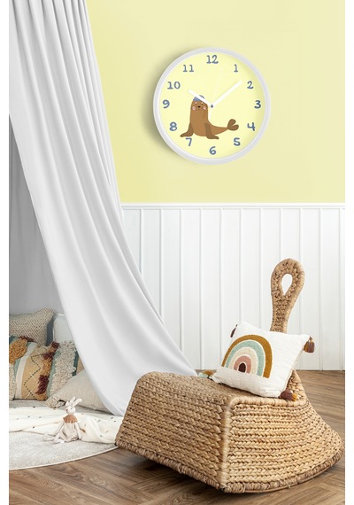Sevimli Fok Balığı Çocuk Odası Duvar Saati - 35cm - Önü Camlı Beyaz Kasa - Sessiz Mekanizma Beyaz