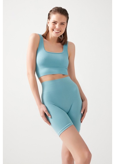 Los Ojos Kadın Mavi Askılı Fitilli Kare Yaka Crop Top Büstiyer Square Mavi