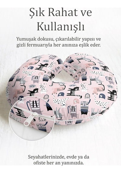 Sevimli Kedili Pamuklu Boyun Yastığı - Pastel Pembe Gri Çocuk & Yetişkin Seyahat Yastığı Canlı Kumlu Kumtaşı