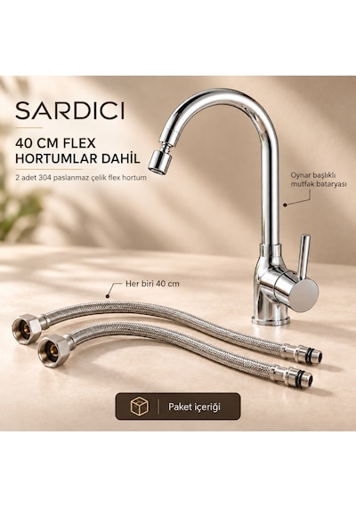 Sardıcı Akış Oynar Başlıklı Mutfak Bataryası 40 Cm 304 Flex Hortumlu Pirinç Gövde   Krom