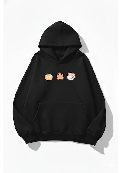 Uyguntarz Unisex Yumuşak Dokulu Pumpkin Spice & Cozy Vibes Baskılı Tasarım Oversize 3 İplik Hoodie Sweatshirt siyah
