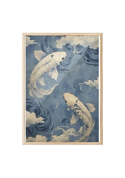 Zestia Ahşap Çerçeveli Tablo, Koi Balıkları, Japon Dalgalar Arasında, Mavi Tonlar Poster No: 107505 30 X 40