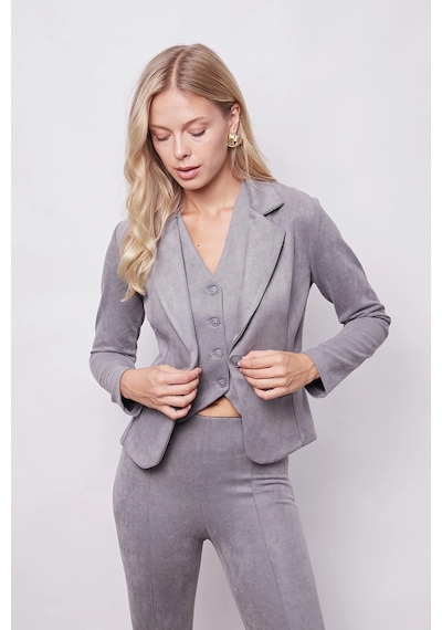 Kadın Kadife Likralı Yumuşak Dokulu Flato Cepli Uzun Kol Düğmeli Blazer Mono Ceket-gri Gri