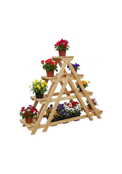 Masif Ahşap 4 Katlı Merdiven Çiçeklik - Bahçe Balkon Standı 120x120 Cm Bej