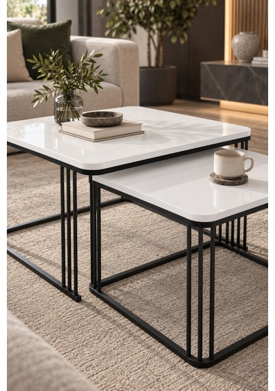 Sulorahome Beyaz Renkli Metal Ayaklı İkili Orta Sehpa Seti