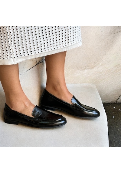 Ne&ve Shoes Siyah Kırışık Rugan Hakiki Deri Kadın Loafer Ayakkabı