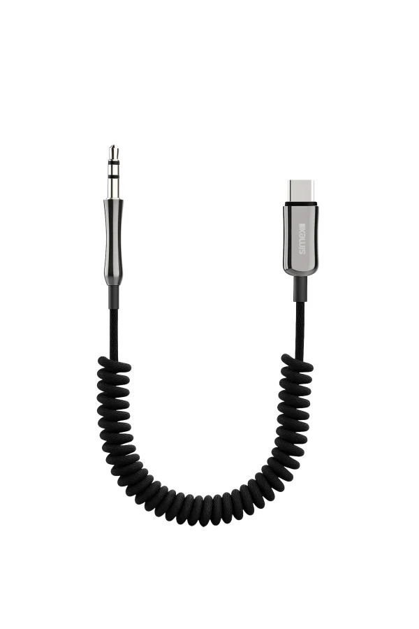 Apple iPhone 15 / 16 / 17 Uyumlu Type-c 3.5mm Aux Kumaş Spiralli Ses Aktarım Kablosu Type-C