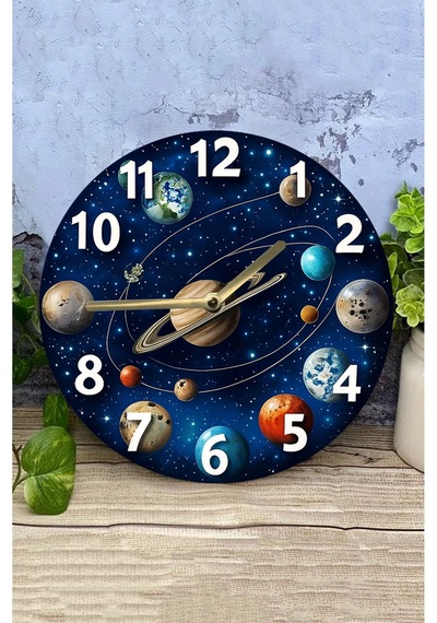 Gezegen Temalı Mdf Duvar Saati 33 Cm, 3d Görünümlü, 2d Hd Baskı, Sessiz Mekanizma Sdw234 Renkli