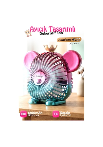 Auhma Aufn16 Dekoratif Ayıcık Masaüstü Fan Pembe Şarjlı, Sessiz, 1200mah Kablosuz Mini Vantilatör