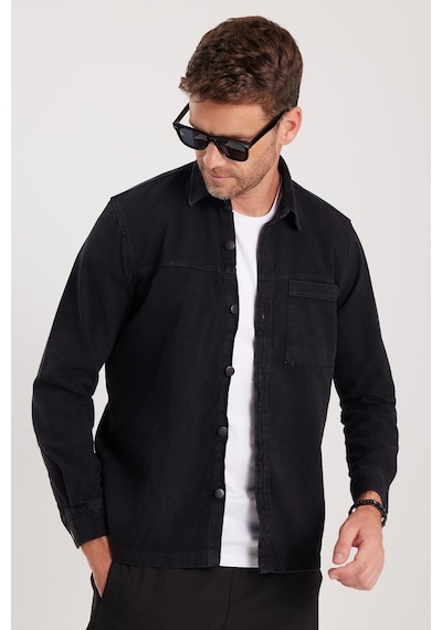 Tudors Regular Fit Rahat Kesim Cepli Denim Düğmeli Yaka Siyah Kot Gömlek-34849 Siyah