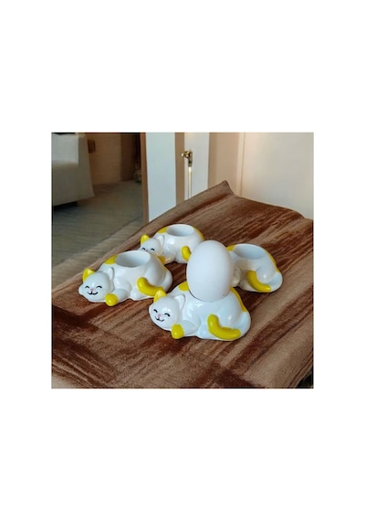 4 Lü Sarı Kedili Dekor Yumurtalık Mumluk Sarı