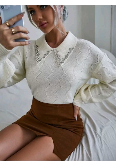 Sayzen Your Shine Taş Işlemeli Gömlek Yaka Triko Kazak Sy-2511 Beyaz