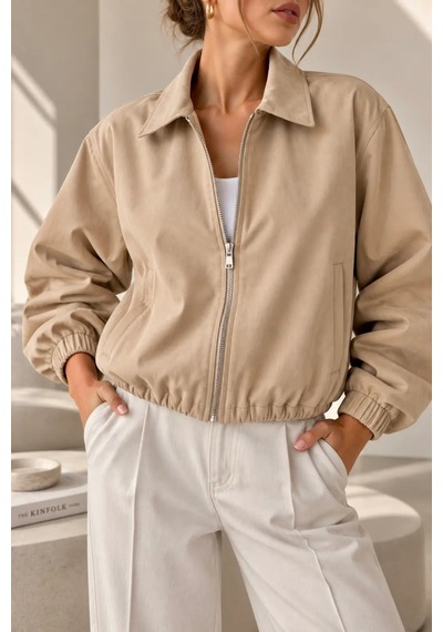 Bb Butik Basic Mevsimlik Fermuarlı Bomber Ceket Oversize Rahat Kalıp Fs3434 krem