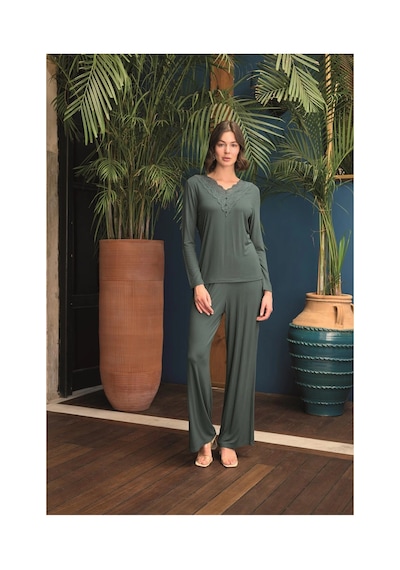 Shafag Home Herşeytrend Uzun Kollu Önü Düğmeli V Yaka Pijama Takımı Yeşil
