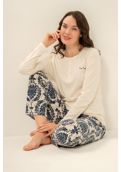 Pierre Cardin Kadın Krem Düğmeli Yaka Uzun Kol Pijama Takım Pc9285-s-v2 Pc9285-s-v2