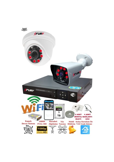 Fury 2 Kameralı 5mp 3.6mm Lens 2mp Görüntü 6 Atom Led Gece Görüşlü Fullhd Güvenlik Kamerası 5525di 1tb