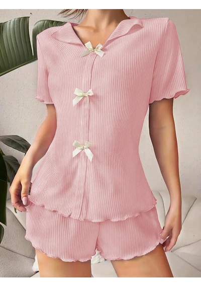 Bella Notte V Yaka Toz Pembe Pamuklu Fiyonk Detaylı Pijama Takımı