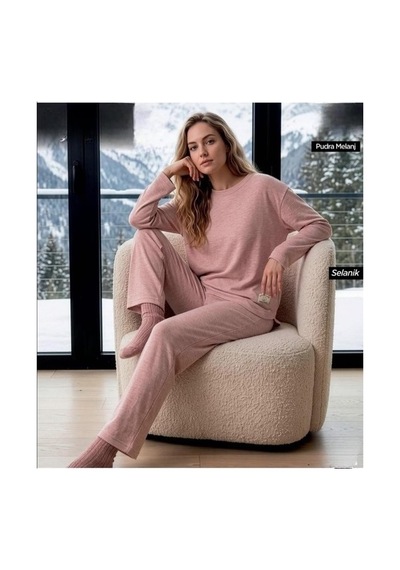 Pijamoni Kadın Bisiklet Yaka Uzun Kol Selanik Kışlık Pijama Takımı 1155-2 - 1 Adet Pudra