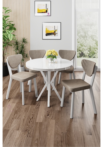 Canisa Agnes Serisi 90x90 Yuvarlak Beyaz Masa Takımı Ve 4 Cappucino Sandalye Masa Beyaz Sandalyeler Cappucıno
