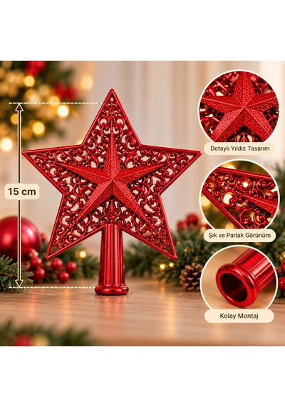 Kırmızı Motifli Yıldız Çam Ağacı Tepeliği - Dekoratif Canlı Kırmızı Oymalı Yılbaşı Ağaç Tepe Süsü - 9069916345002 Diğer