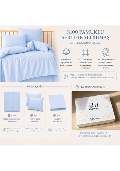 Lief Home %100 Pamuklu Sertifikalı Bebek Nevresim Takımı 100x150 63 Tel Dokuma Kutulu Gönderim Açık Mavi